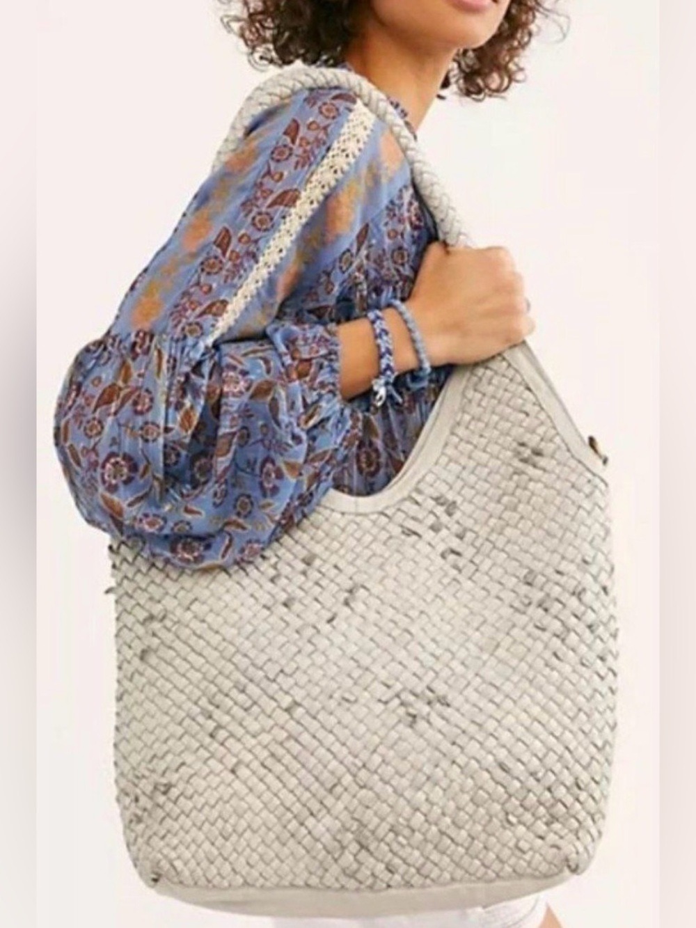Free People Llana Woven Cream Leather Large Tote Bag - Picture 1 of 6